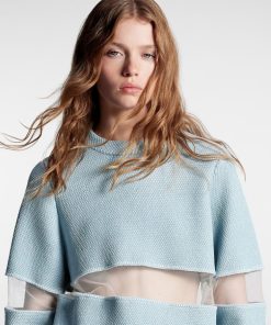 Donna Louis Vuitton Maglieria | Pullover In Maglia Con Inserto In Tulle Bleu Glacier