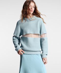 Donna Louis Vuitton Maglieria | Pullover In Maglia Con Inserto In Tulle Bleu Glacier