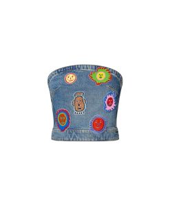 Donna Louis Vuitton Denim | Lv X Yk Bustier Con Applicazioni Faces