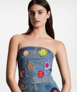 Donna Louis Vuitton Denim | Lv X Yk Bustier Con Applicazioni Faces