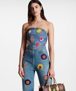 Donna Louis Vuitton Denim | Lv X Yk Bustier Con Applicazioni Faces