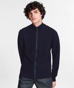 Uomo Louis Vuitton Maglieria E Felpe | Cardigan Con Motivo Damier E Zip Bleu Nuit Fonce