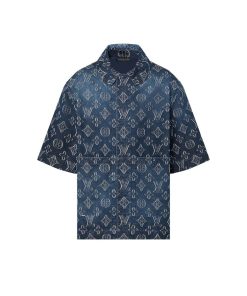 Uomo Louis Vuitton Camicie | Camicia A Maniche Corte In Chambray Con Motivo Monogram Indigo