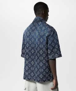 Uomo Louis Vuitton Camicie | Camicia A Maniche Corte In Chambray Con Motivo Monogram Indigo