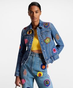 Donna Louis Vuitton Denim | Lv X Yk Giacca Aderente In Denim Con Applicazioni Faces