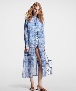 Donna Louis Vuitton Abiti | Abito-Camicia Lungo Con Motivo Monogram Tiles Blu