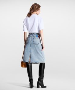 Donna Louis Vuitton Denim | Gonna Midi In Denim Sbiancato