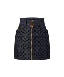 Donna Louis Vuitton Denim | Minigonna In Denim Con Motivo Monogram Floccato