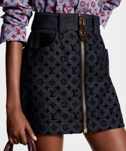 Donna Louis Vuitton Denim | Minigonna In Denim Con Motivo Monogram Floccato