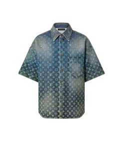 Uomo Louis Vuitton Camicie | Camicia A Maniche Corte In Denim Con Motivo Monogram Rainbow