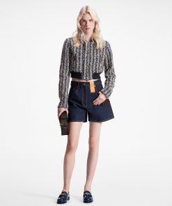 Donna Louis Vuitton Denim | Shorts In Denim Color Blu Indaco Con Applicazione In Tela Monogram