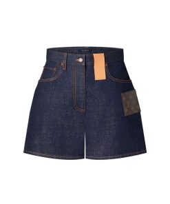 Donna Louis Vuitton Denim | Shorts In Denim Color Blu Indaco Con Applicazione In Tela Monogram