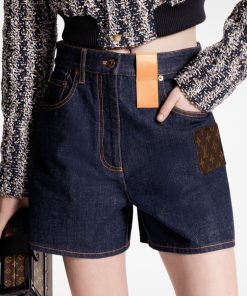 Donna Louis Vuitton Denim | Shorts In Denim Color Blu Indaco Con Applicazione In Tela Monogram