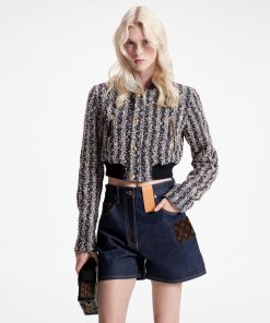 Donna Louis Vuitton Denim | Shorts In Denim Color Blu Indaco Con Applicazione In Tela Monogram