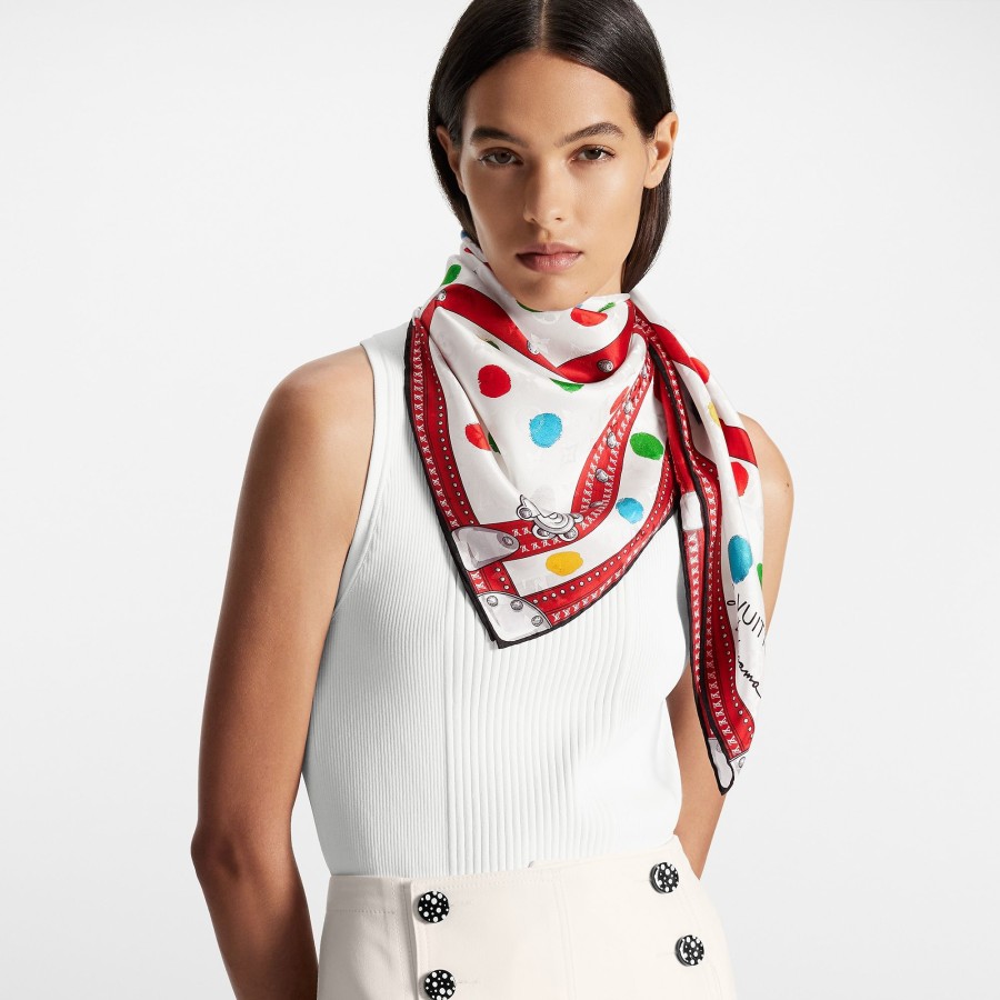 Donna Louis Vuitton Foulard In Seta E Bandeaux | Lv X Yk Foulard Painted Dots Monogram 90 Blanc